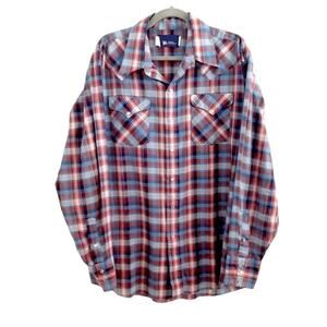 Vintage 1970s Western Pearl Snap Shirt Plaid Country Mens 36 Cowboy Rodeo